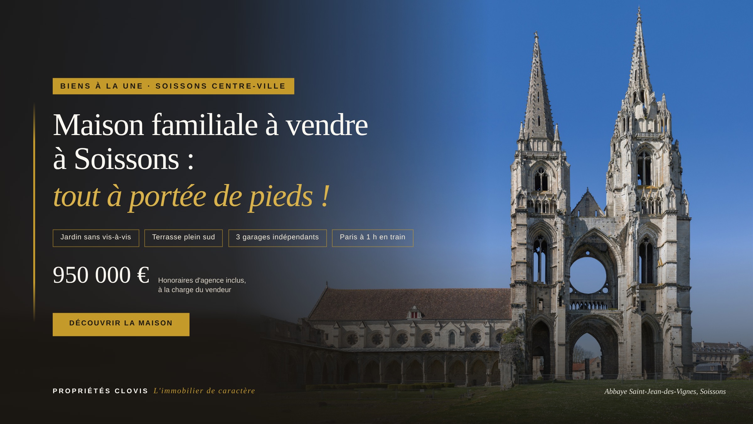 Maison familiale à vendre Soissons, place de l’Hôtel de Ville : 4 chambres, 203 m² habitables, jardin sans vis-à-vis, garages et dépendance, tout à pied.