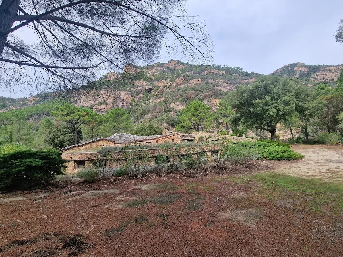 Bastide en pierre à Sari-Solenzara Bastide en pierre entourée de nature, avec montagnes en arrière-plan, à Sari-Solenzara, Corse.