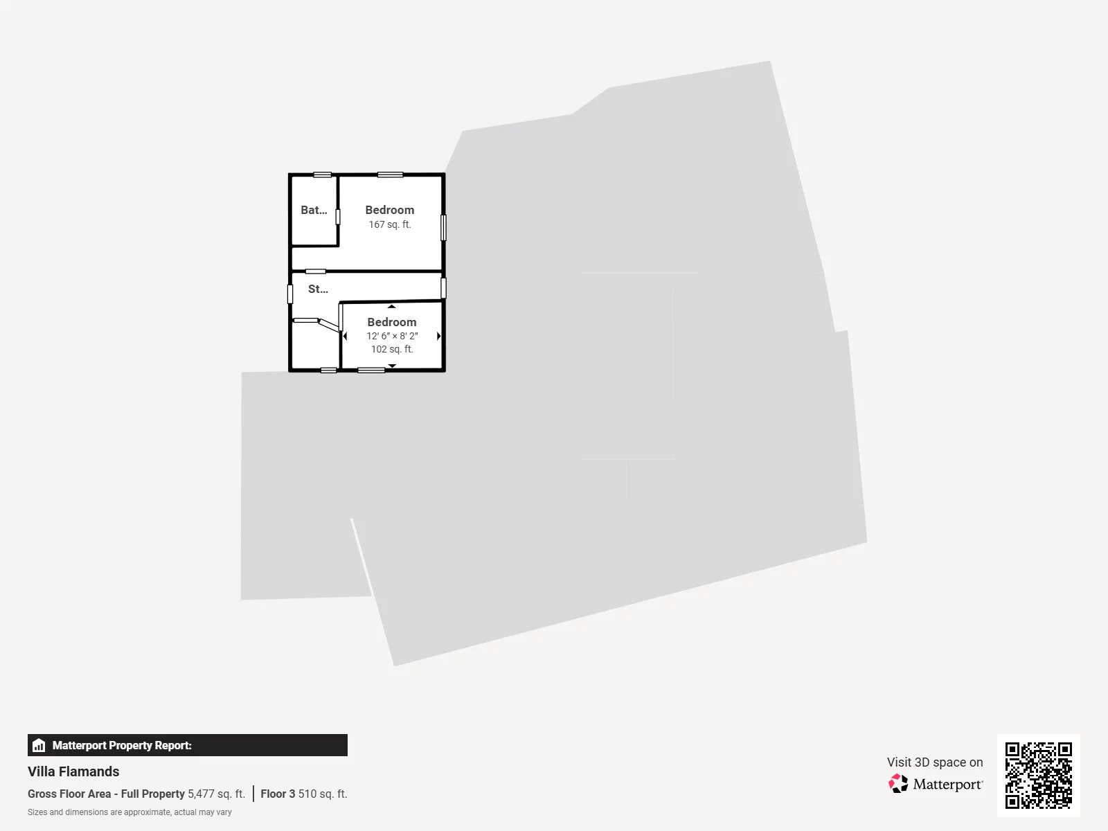 Two-bedroom floor plan with a bathroom and a short hallway (Bedroom 167 sq ft; smaller bedroom 102 sq ft).