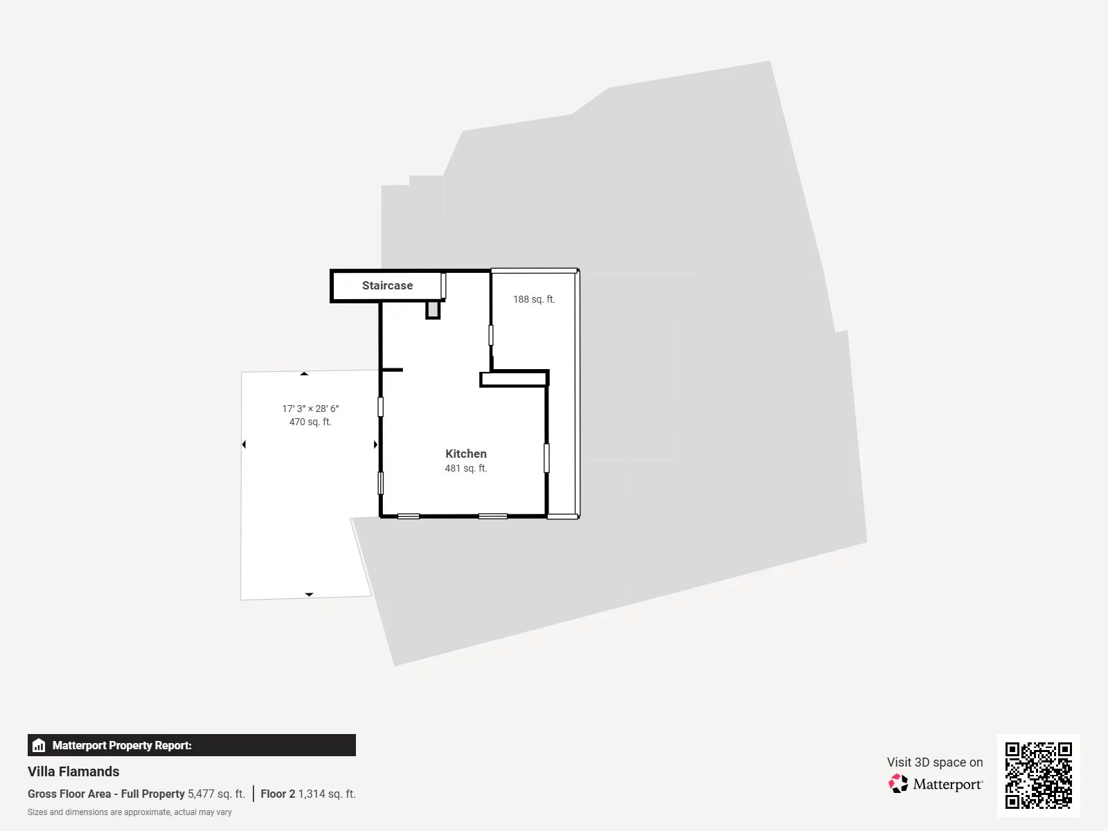 Villa Flamands floor plan: kitchen (481 sq ft) with an adjacent 188 sq ft space and a 470 sq ft terrace; staircase label at top-left.