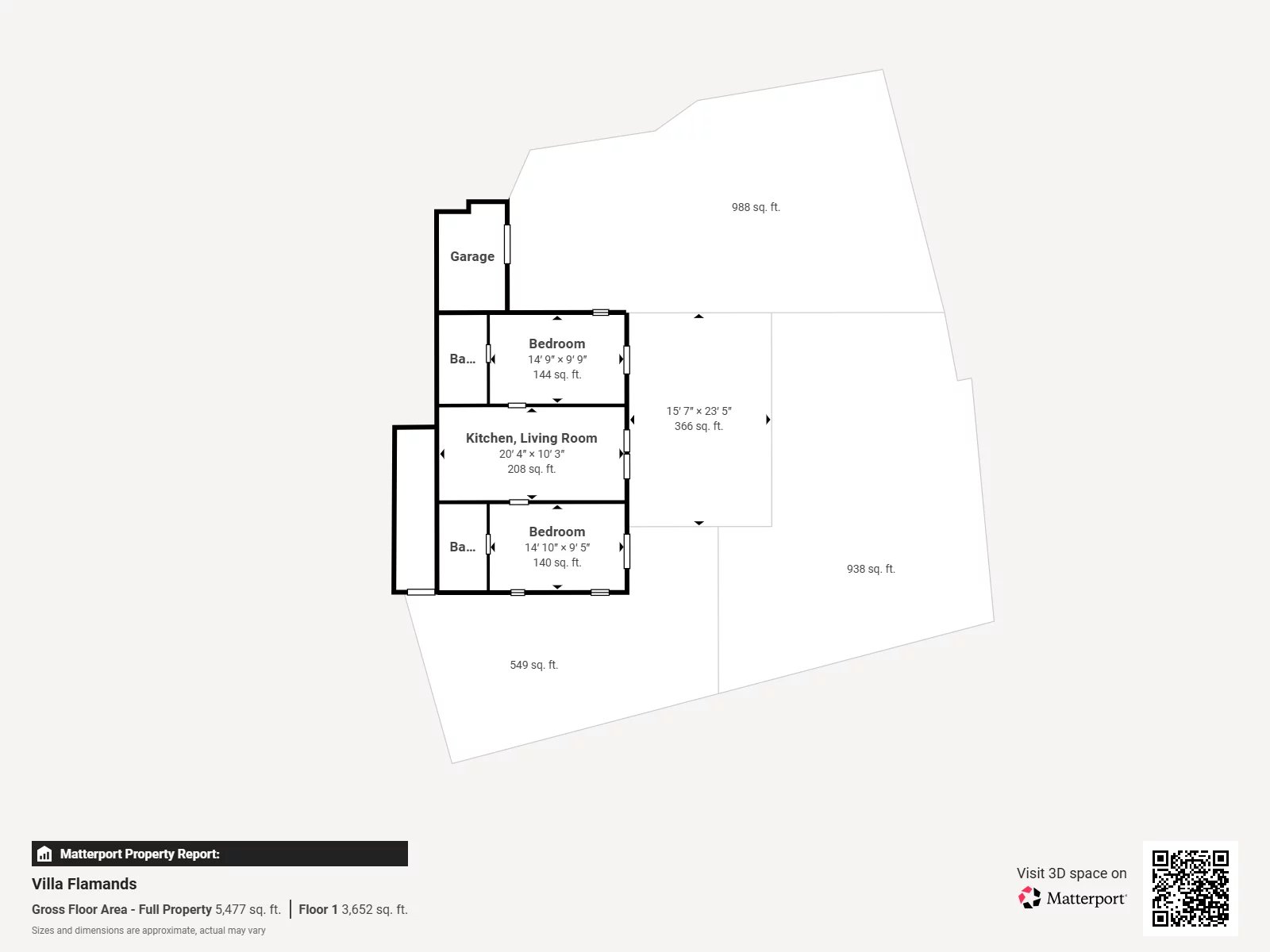 Floor plan of a residence showing Garage, two Bedrooms, Kitchen/Living Room, and Bathrooms with surrounding lot areas labeled.