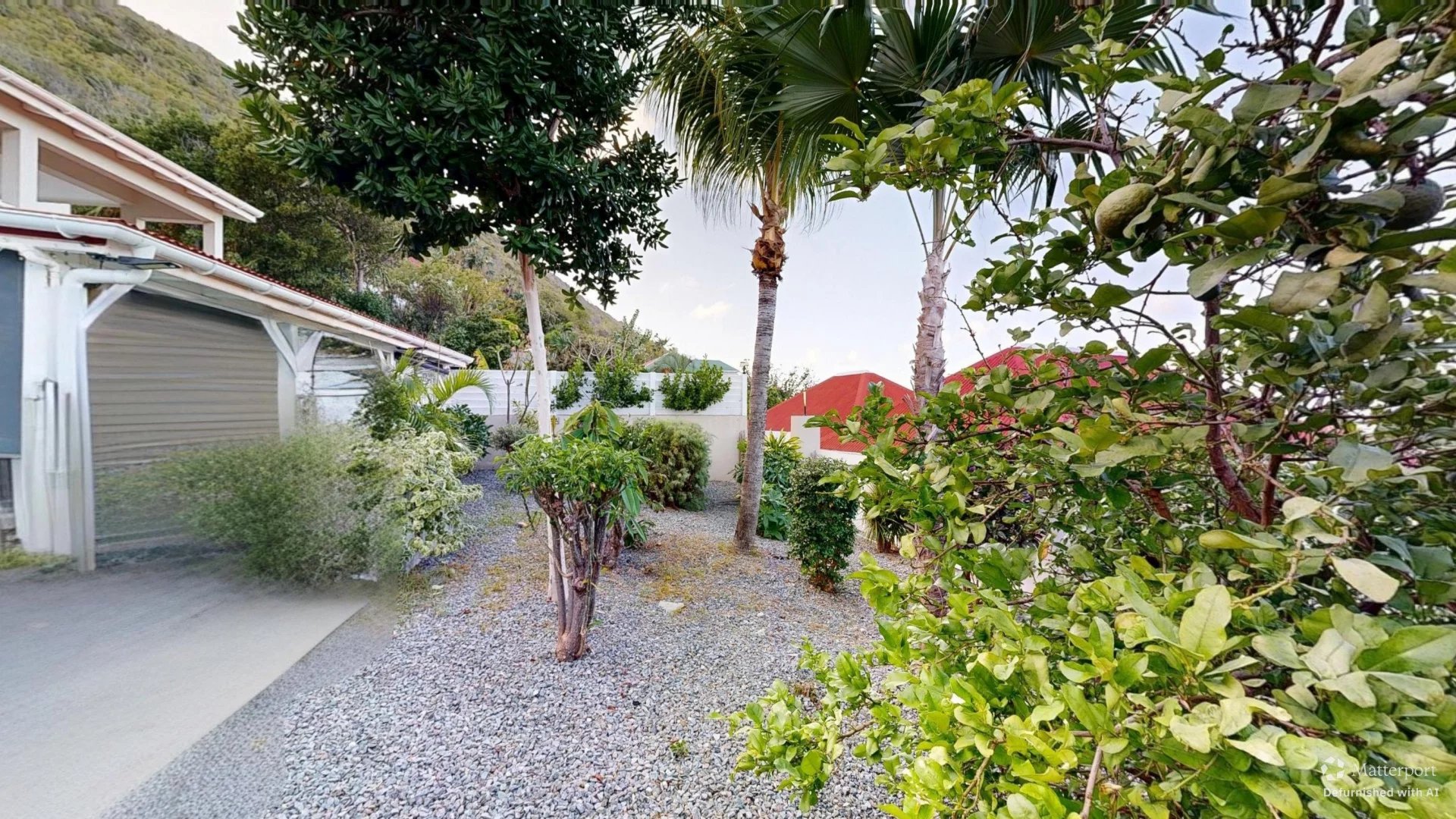 A gravel backyard garden with palm trees, shrubs, and a white fence along the edge next to a house with a carport on the left.