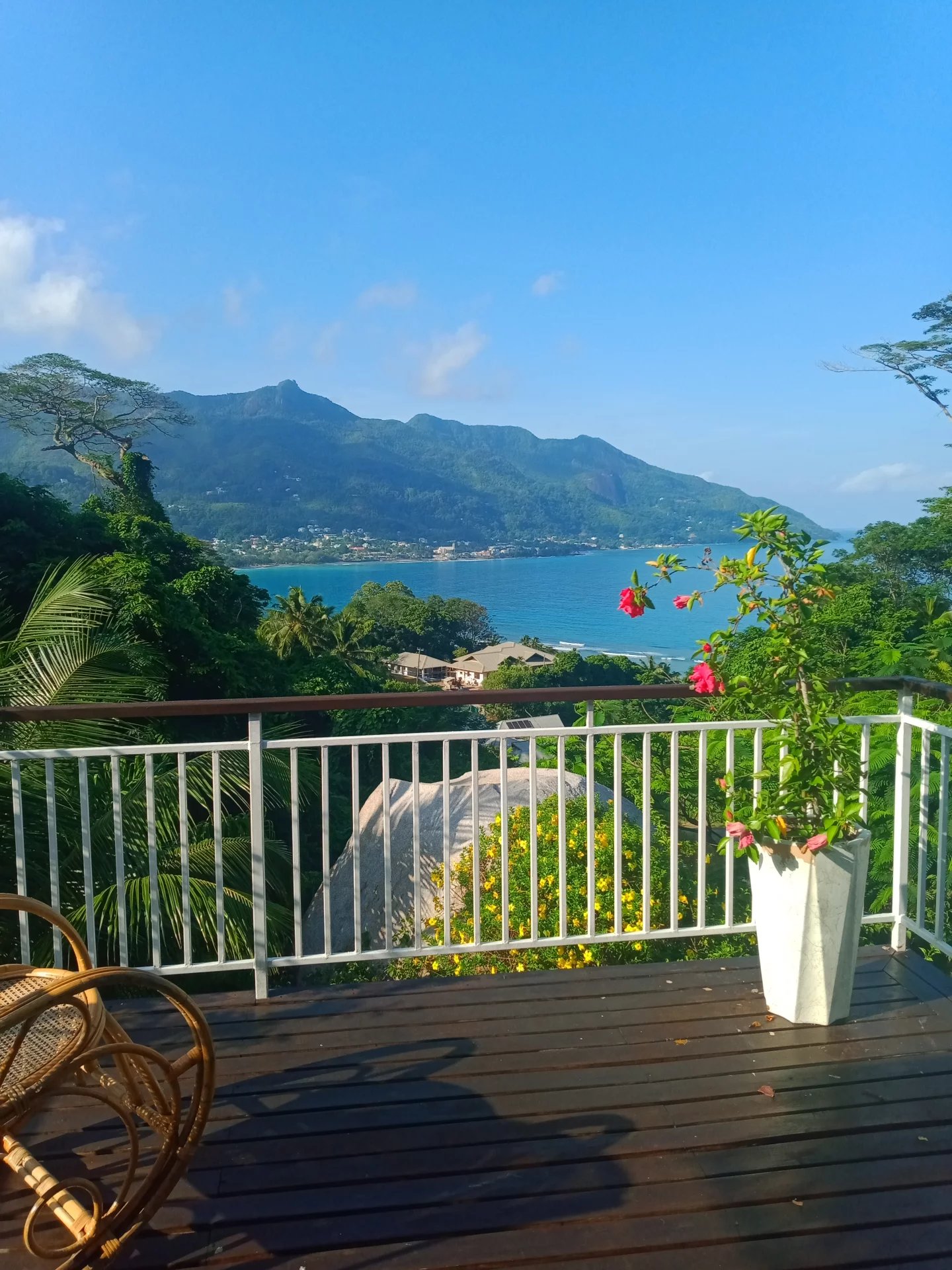Terrace overlooking a tropical coastline with blue ocean, mountains, and a railing in the foreground; a potted flowering plant on the right and wicker chairs on the deck.