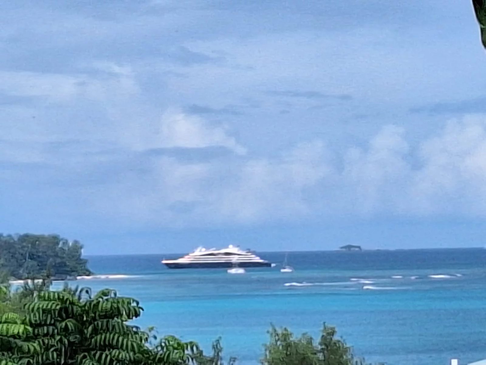 Large white luxury yacht anchored off a tropical coastline, with turquoise water and green plants in the foreground.