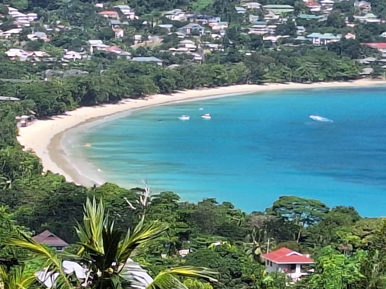 Curved sandy beach along a turquoise bay with dense tropical trees and a hillside village above the shore.