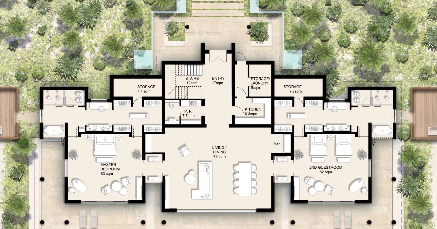 Top-down floor plan of a two-wing house with a central living/dining area, two large bedrooms, kitchen, bar, and multiple storage rooms surrounded by a garden.