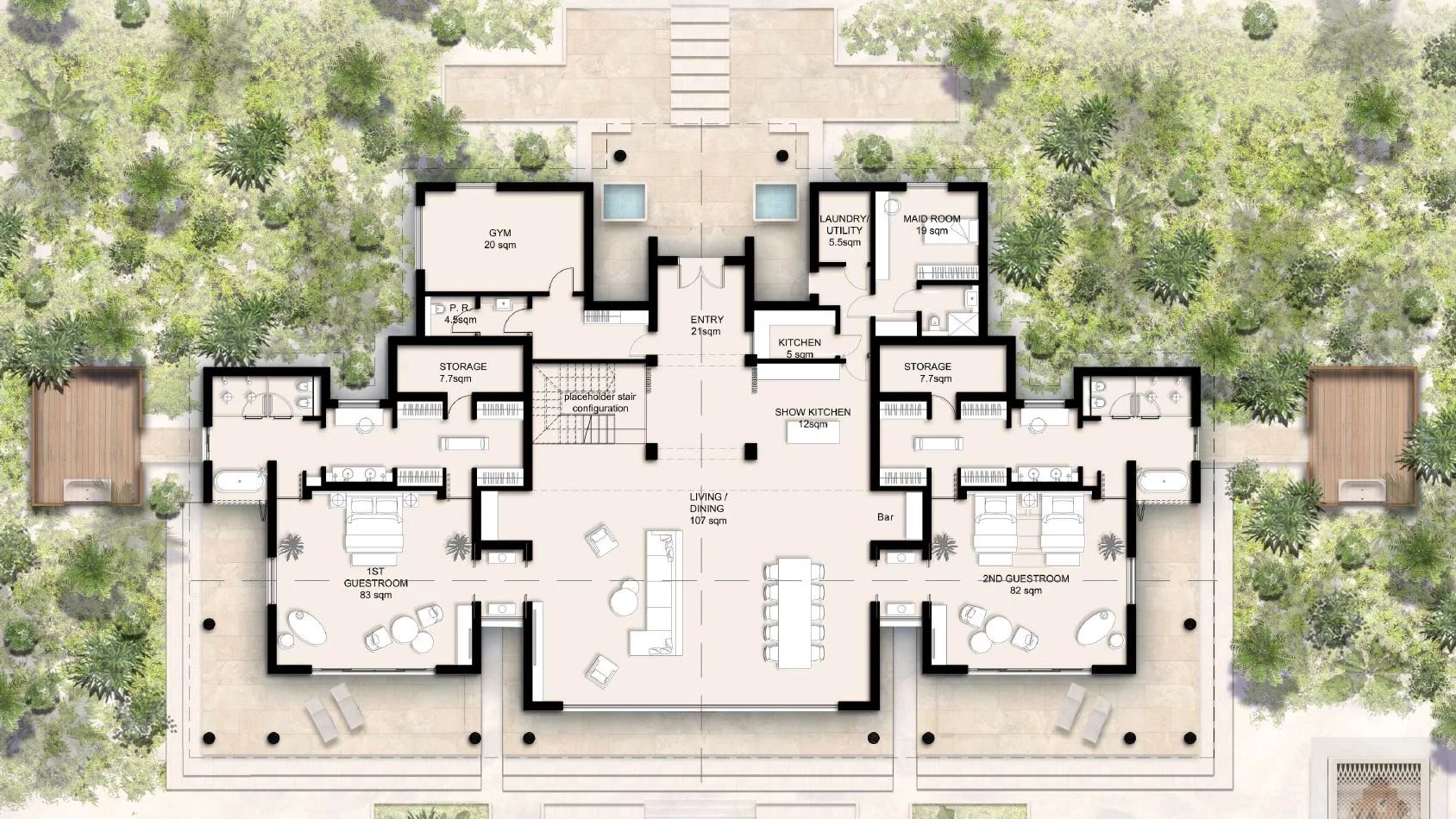 Top-down floor plan of a symmetrical residence with central entry, living/dining area, two guest suites, and surrounding gardens