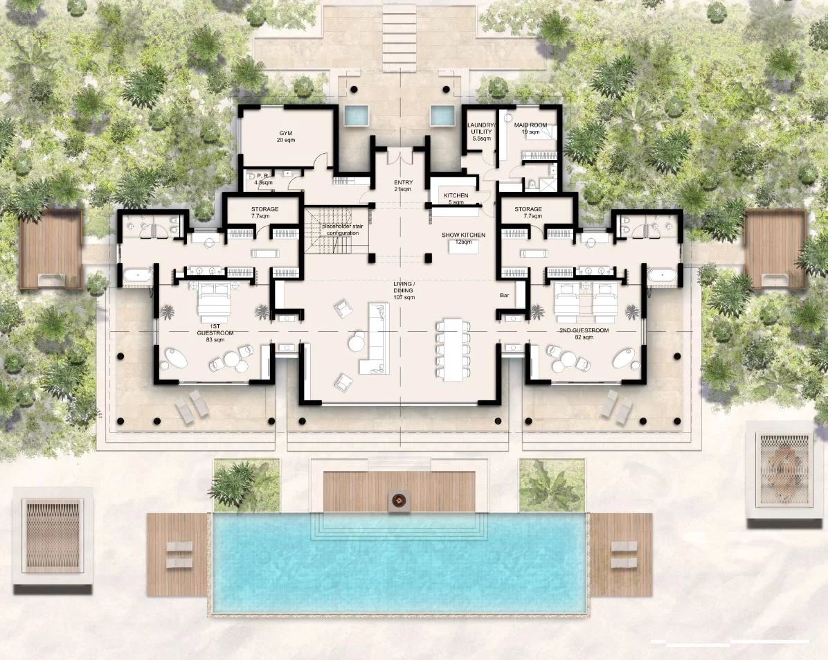 Aerial floor plan of a luxury villa with a central living/dining area, guest rooms on both wings, and a front pool area.