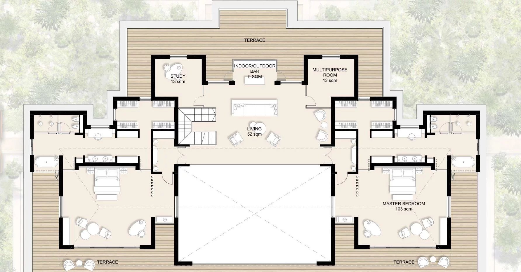 Floor plan of a residence showing central living area with adjacent study, indoor/outdoor bar, and a multipurpose room, flanked by two wings leading to master bedroom suites; surrounding terraces.