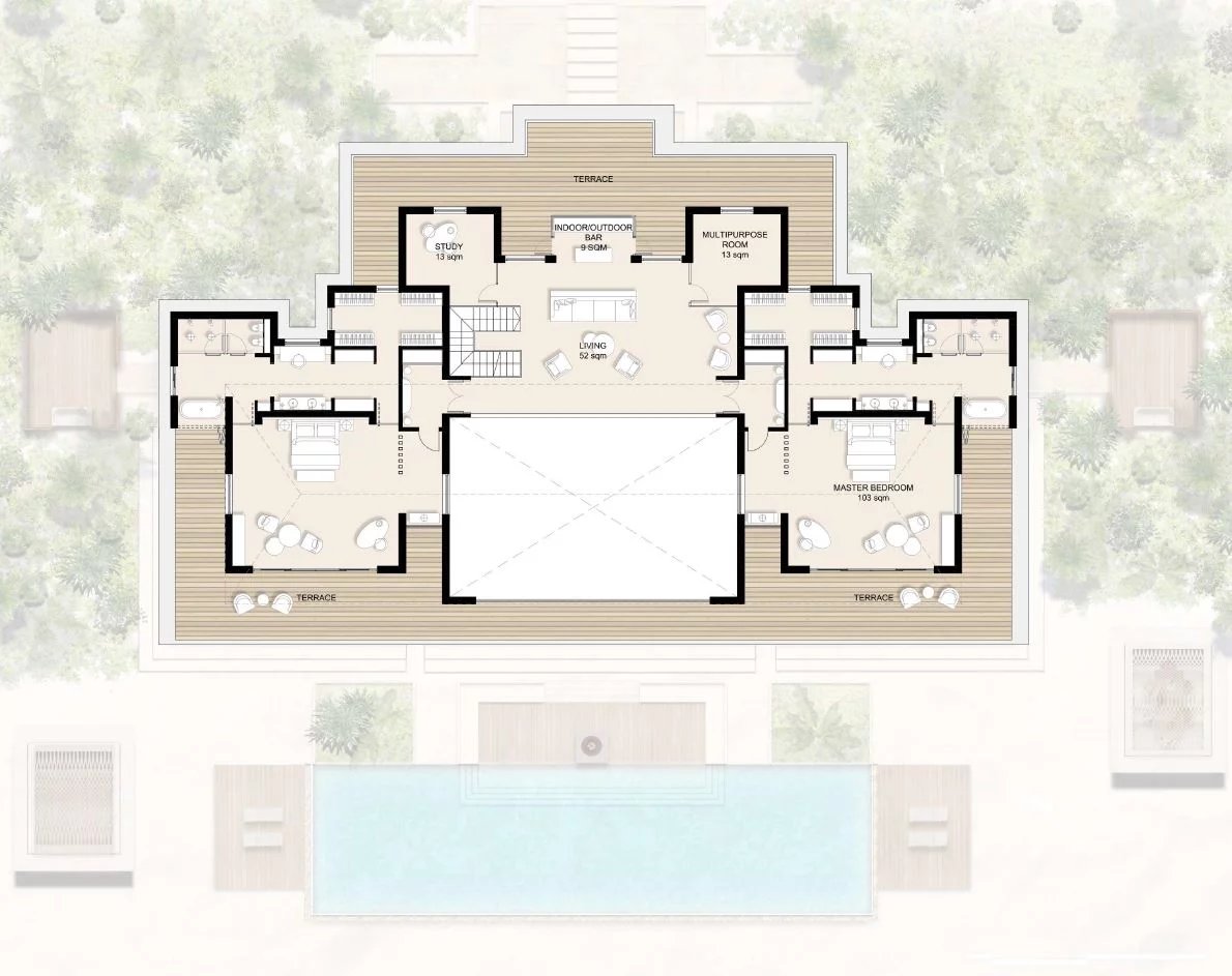 Overhead floor plan of a villa showing central living area, master bedroom, study, multipurpose room, and surrounding terraces.