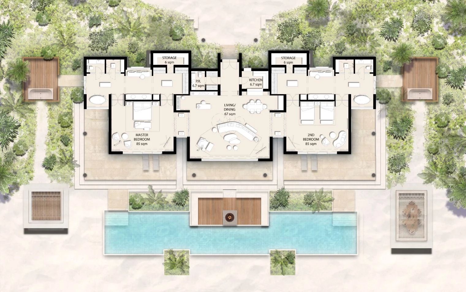 Top-down floor plan of a twin-wing villa with central living/dining area, two 85 sqm bedrooms, kitchens, storage, and surrounding gardens with a large pool in front.