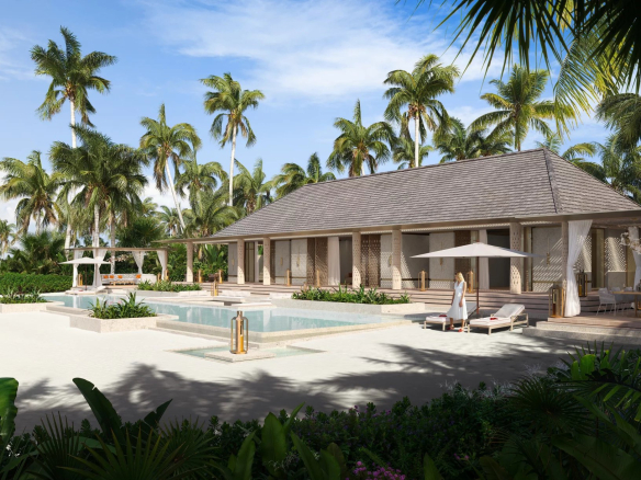 Luxury tropical resort with a large pool palm trees and a thatched roof building with white cabanas and lounge chairs by the waters edge Propriétés clovis