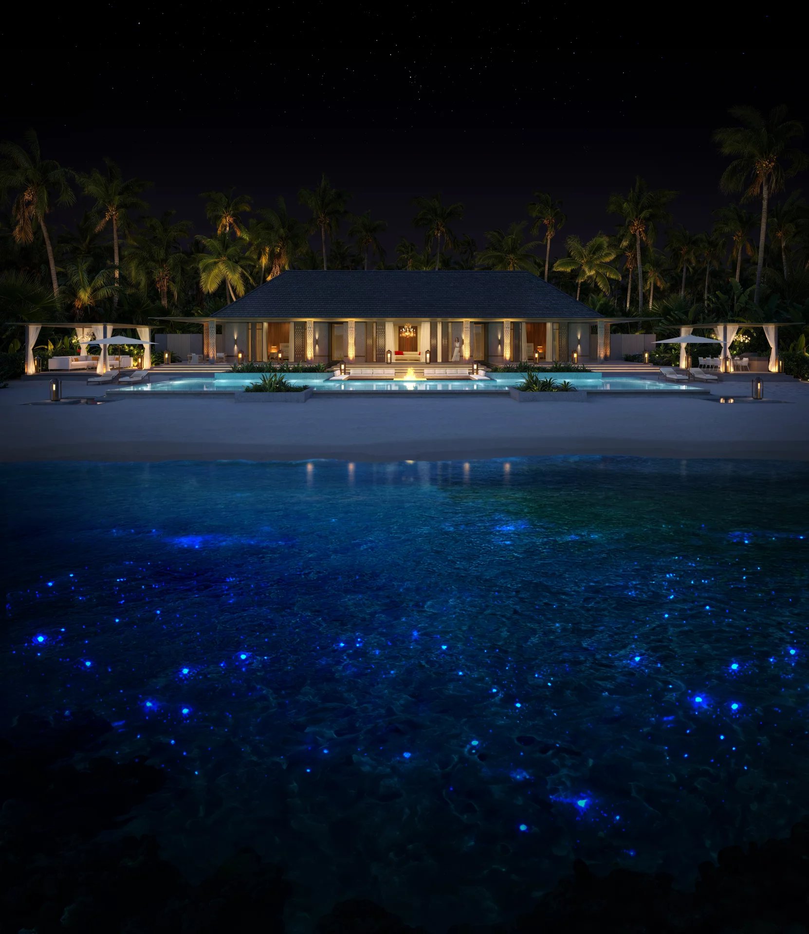 Luxurious villa resort at night with warm-lit terrace, palm trees, and a glowing blue pool reflecting the starry sky.