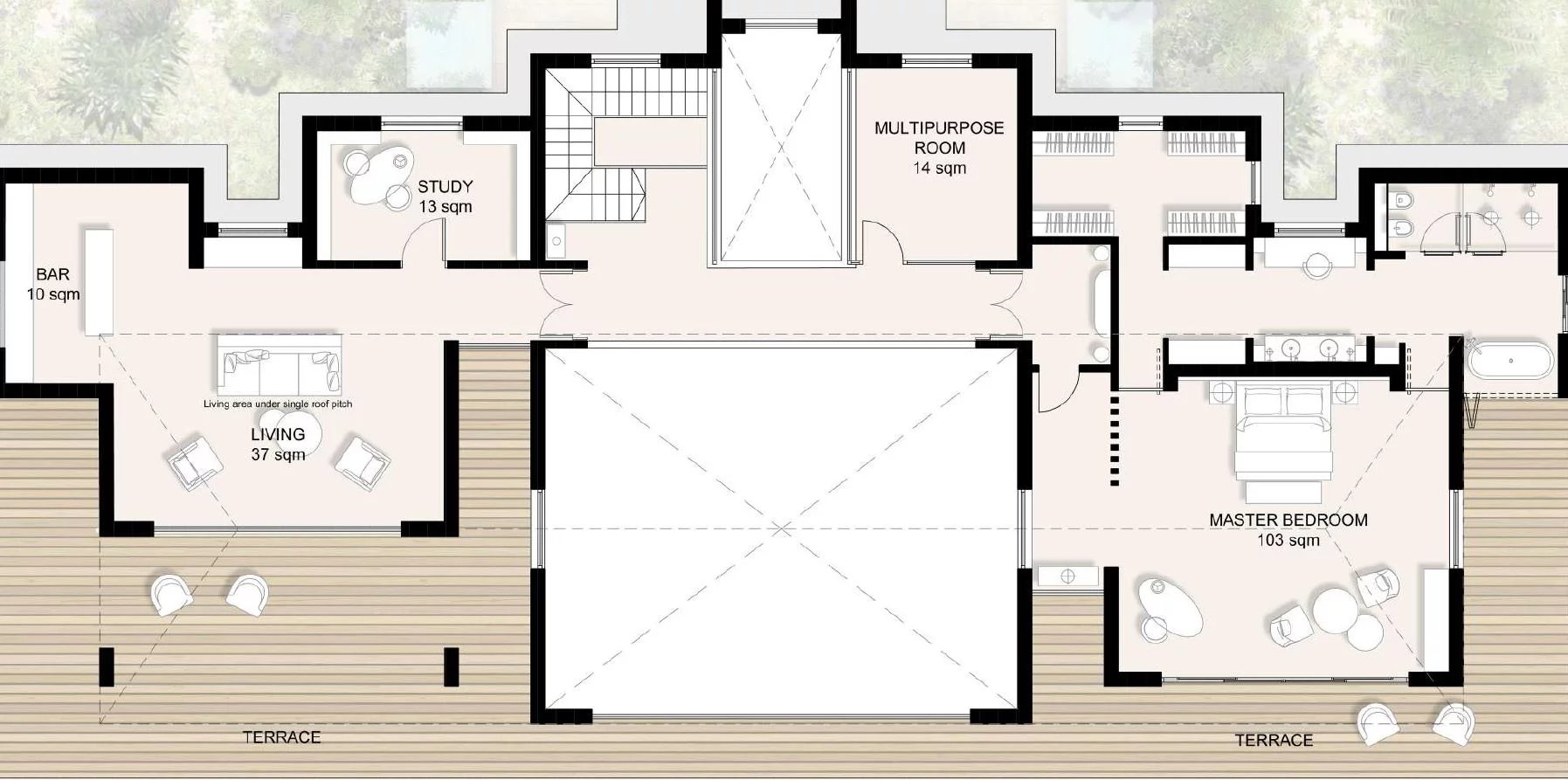 Floor plan of a residence showing living room, master bedroom, study, multipurpose room, bar, and surrounding terraces (dimensions labeled).