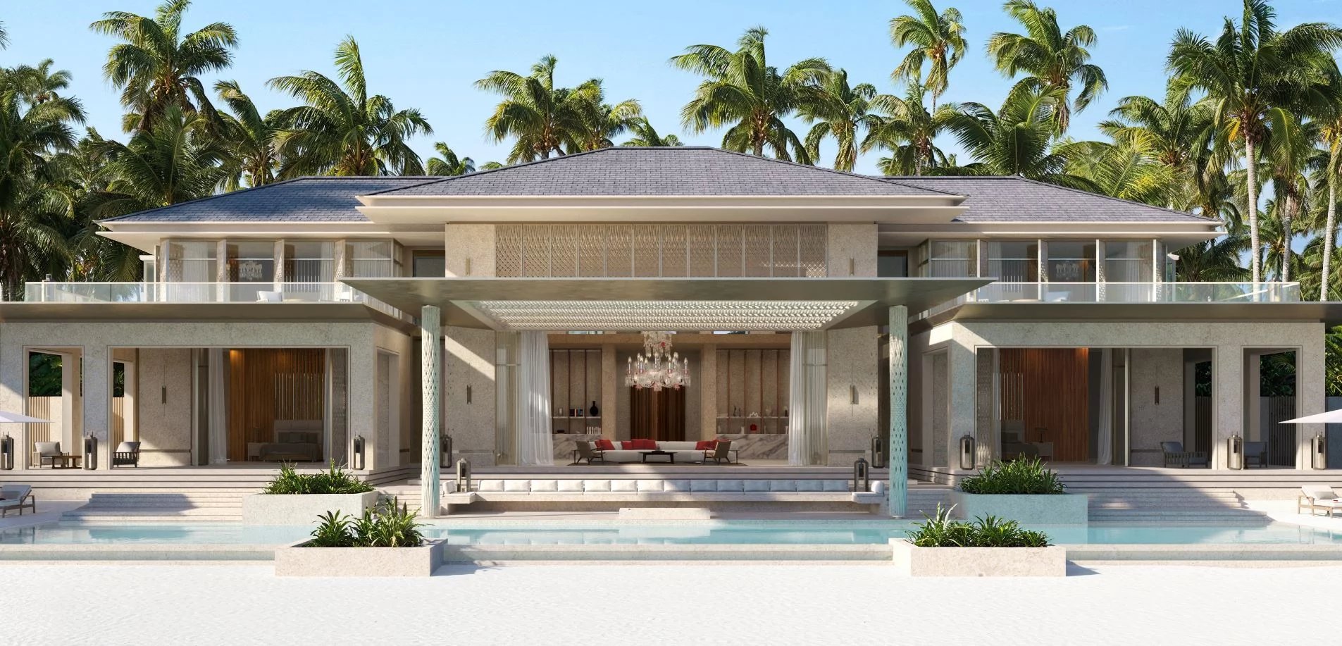 Luxurious beachfront villa with a large pool palm trees and a two story glass railed terrace at daytime Propriétés clovis