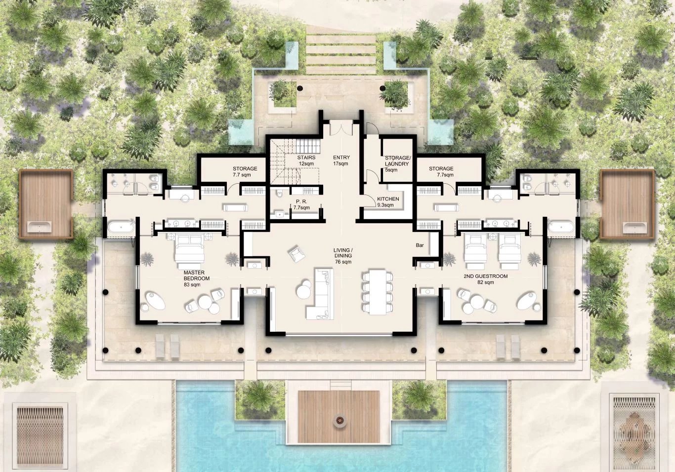 Top-down floor plan of a two-wing villa with central living area, master suite on the left and guest suite on the right, plus pool terrace.