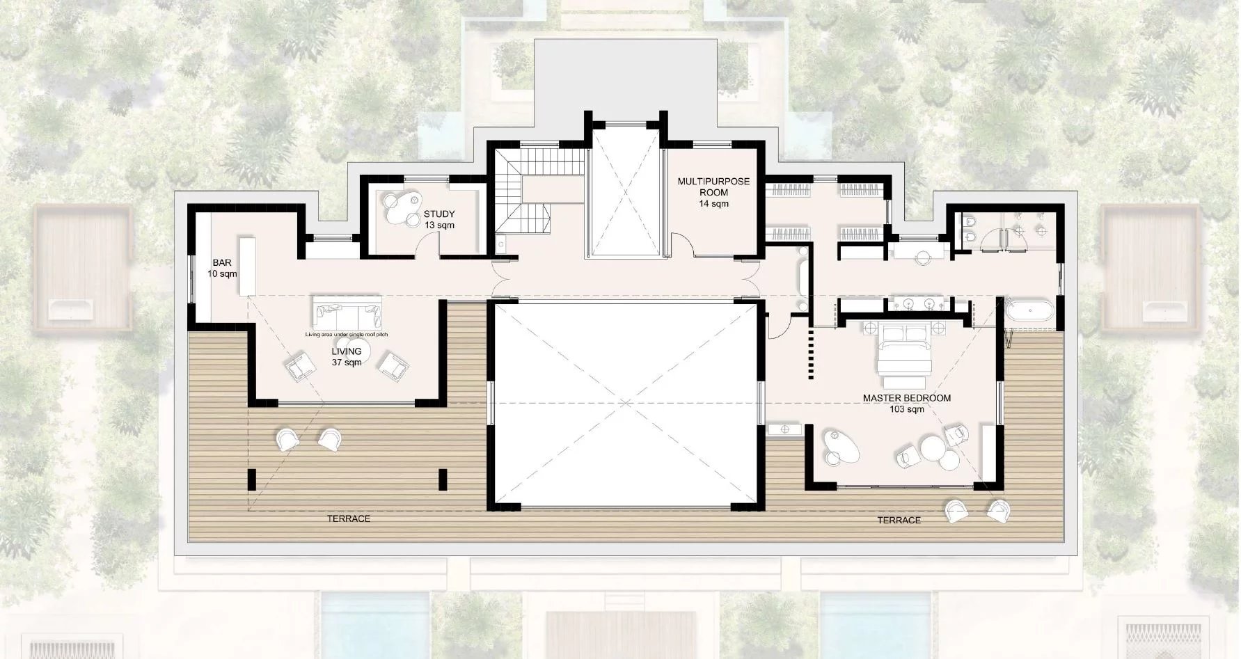 Architectural floor plan of a home showing living room, bar, study, multipurpose room, master bedroom and expansive terraces around the perimeter.