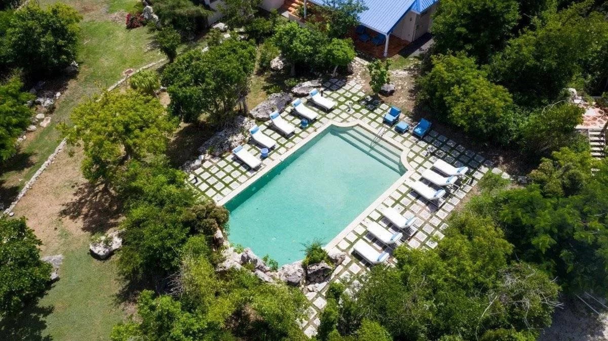 Aerial view of a rectangular turquoise pool surrounded by white lounge chairs on a stone-checkerboard patio among green trees.