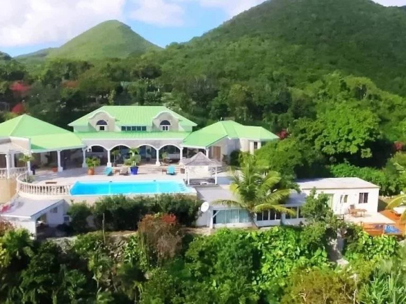 Tropical hillside villa with bright green roofs, a central blue swimming pool, and lush jungle surroundings.