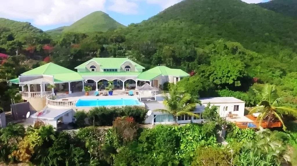 Tropical hillside villa with bright green roofs a central blue swimming pool and lush jungle surroundings Propriétés clovis