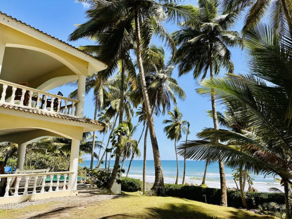 Yellow seaside villa with white railings beside a sandy path palm trees leaning toward the ocean on a sunny day Propriétés clovis
