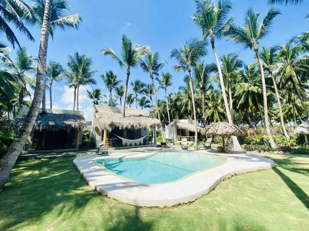 Tropical resort with a curved pool thatched roof huts and tall palm trees under a clear blue sky Propriétés clovis