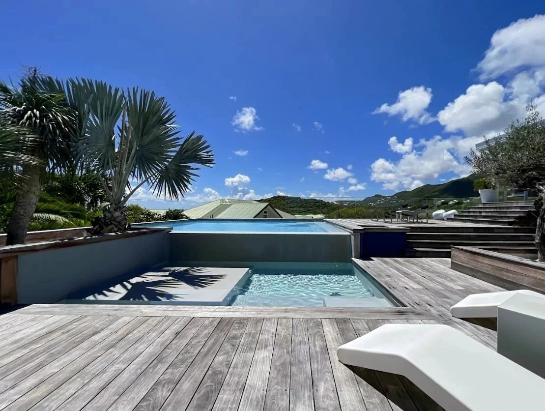 Rooftop pool area with a wooden deck, palm trees, and bright blue sky over distant hills; white lounge chairs in foreground.