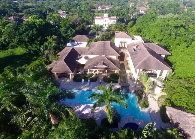 Aerial view of a large villa with brown tiled roofs and a rectangular blue pool surrounded by palm trees Propriétés clovis