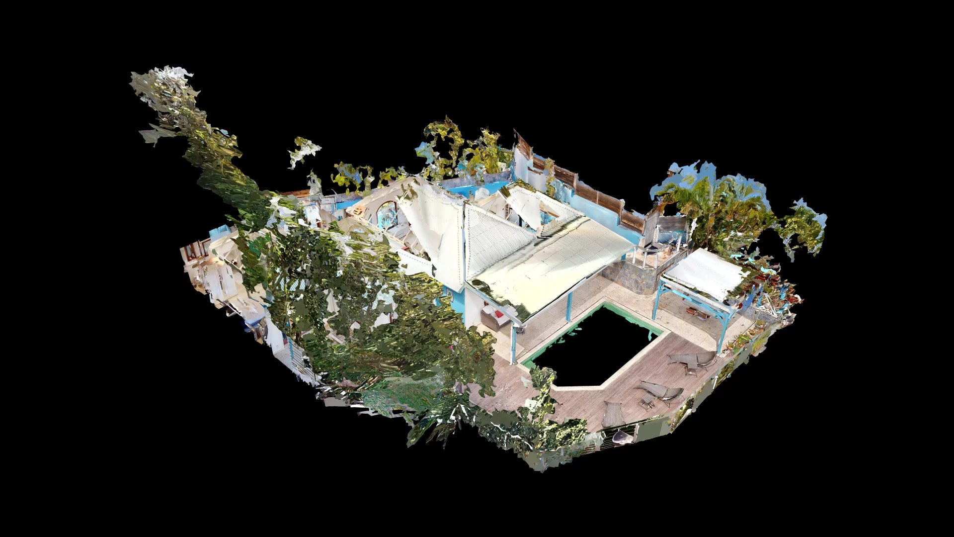3D aerial view of a house with a pool, palm trees, and a surrounding yard against a black background (point-cloud style).