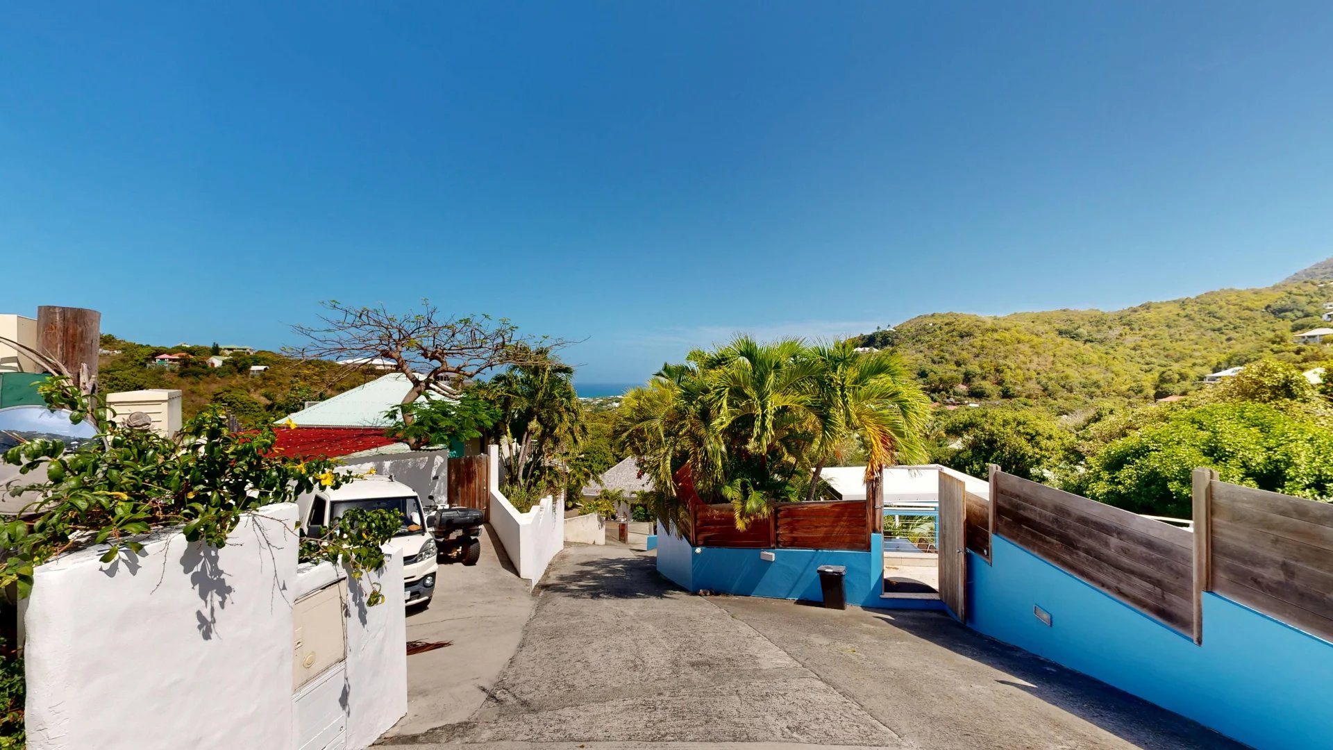 Tropical hillside street with white walls, palm trees, and blue accents leading to a distant ocean under a clear blue sky