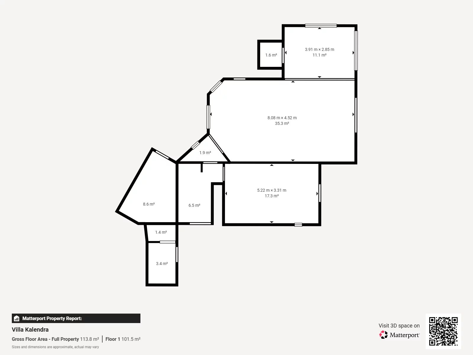 Villa Kalendra floor plan with labeled room areas and dimensions (e.g., 35.3 m², 17.3 m², 11.1 m²).