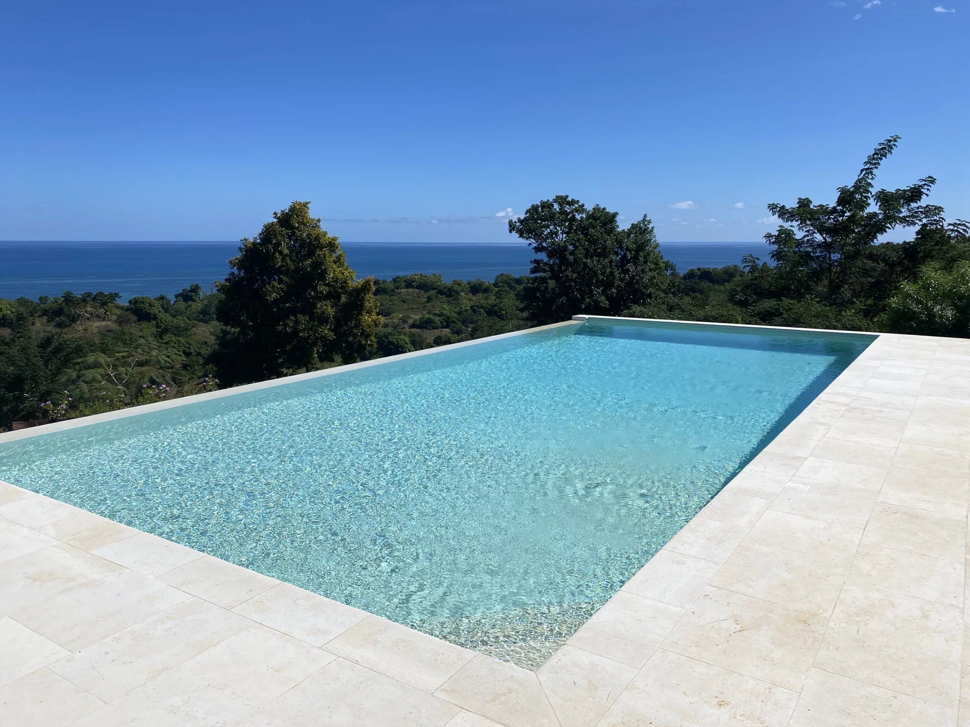 Infinity pool with crystal-clear water overlooking the blue ocean and surrounding trees under a clear sky, hillside view.