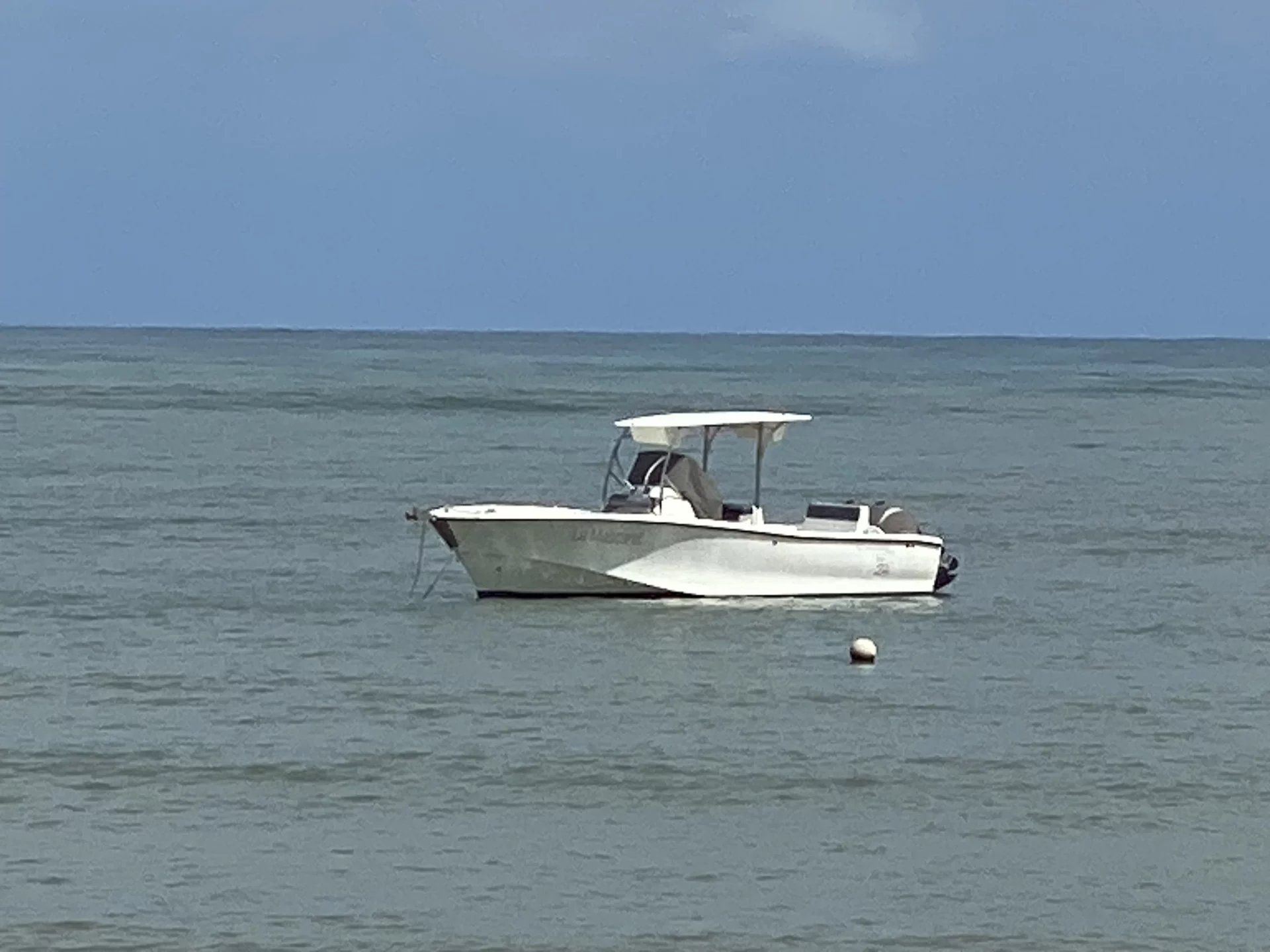 Small white motorboat with a canopy anchored in calm turquoise water under a clear blue sky
